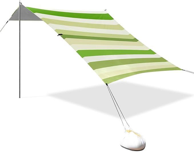 ALAZA Bright Green White and Khaki Stripes Beach Tent Sun Shelter Portable Canopy Sunshade for Outdoor Camping Picnics Backyard Fun 10x9 ft