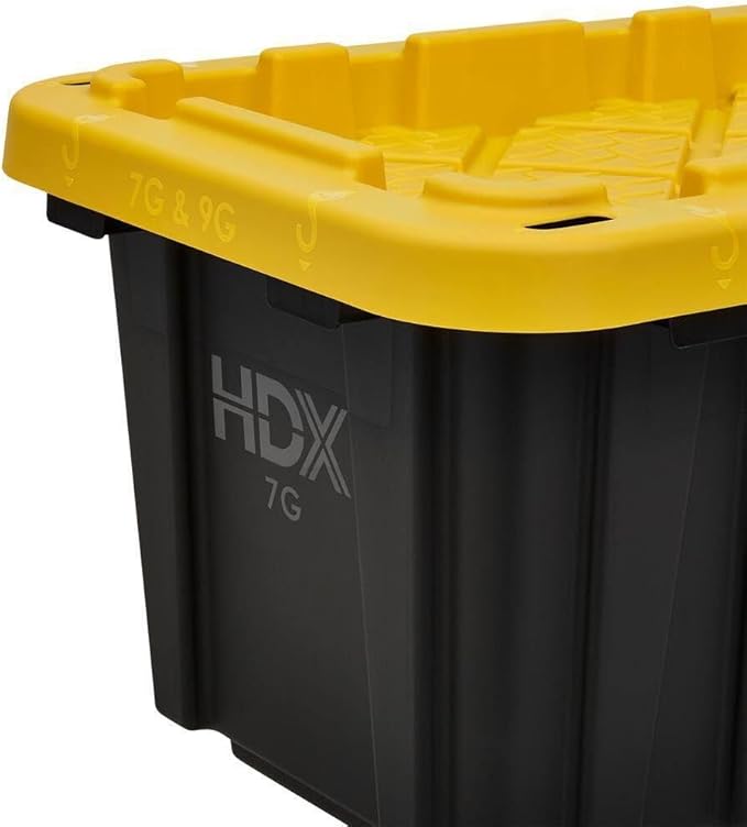 7 Gallon Heavy-Duty Stackable Storage Bins with Lids Black Professional Grade Organizers with Reinforced Yellow Snap-Fit Lids (Pack of 4)