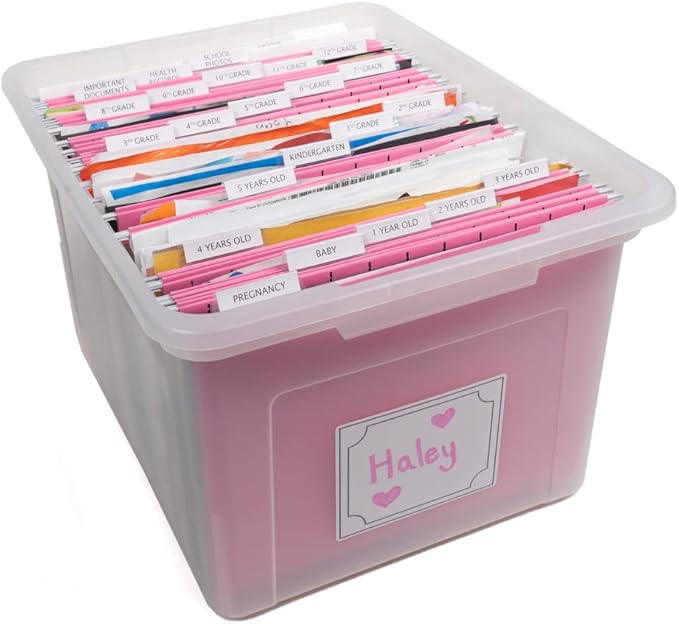 Kid's Craft Memory Keepsake Organizer Box - Clear Storage Latching Bin with Hanging File Folders and Custom Tab Inserts (Pink)