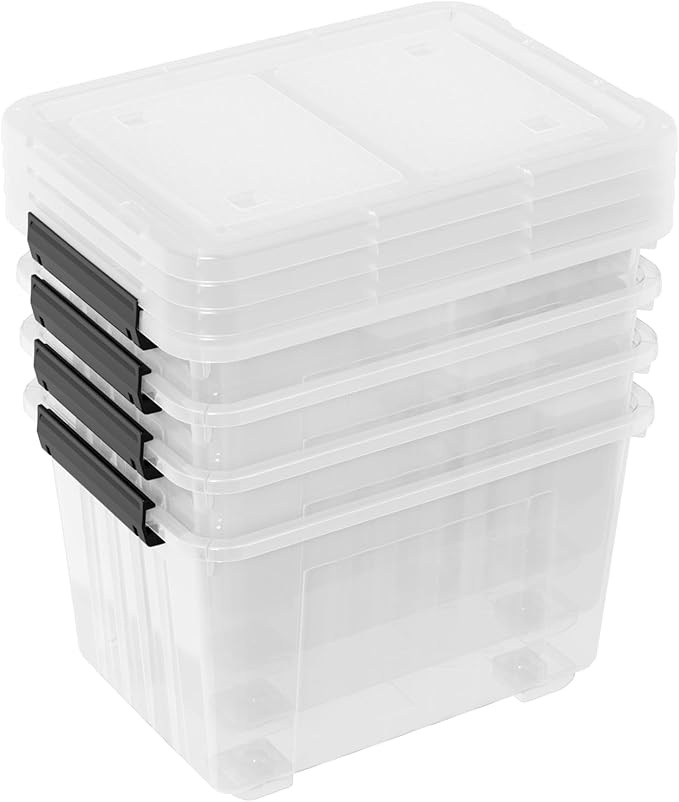 4-Pack 50 Quart Plastic Storage Bin Box Organizing Container with Lid and Secure Latching Buckles Stackable Wheeled Box Clear