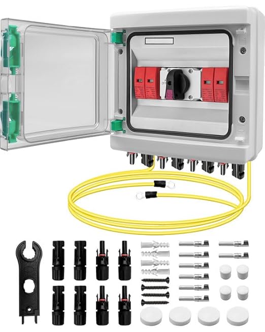 32 Amp 2 Strings Solar Disconnect Switch with DC1000V Lightning Surge Protector Arrester and IP65 Waterproof 2 in 2 Out Solar PV Combiner Breaker Box for Outdoor Solar Panel System