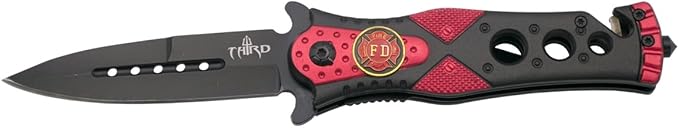 THIRD Assisted Safety Folding Knife K2775RD Fire Fighter Emblem with Cover red and Black Aluminium Handle 10.1 cm Blade