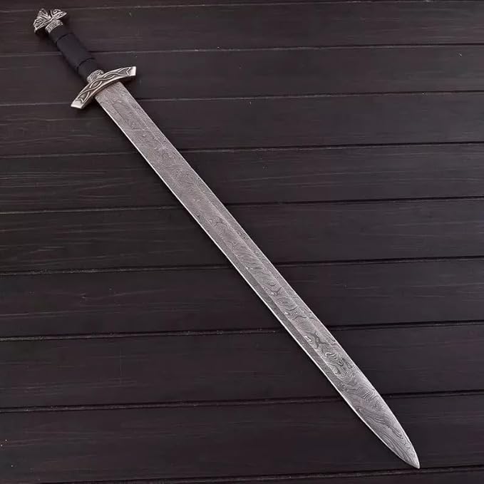 Viking Sword – Real Damascus Steel Battle-Ready Northman Swords | Handmade Functional Viking Sword Prop | Gift for Him Prop Tools with Origional Leather Scabbard