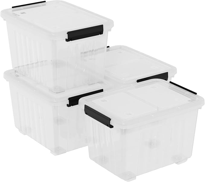 30 L Stackable Storage Bins with Lids Clear Plastic Storage Containers Stackable Organization Boxes with Secure Latching Lids/Wheels Set of 4