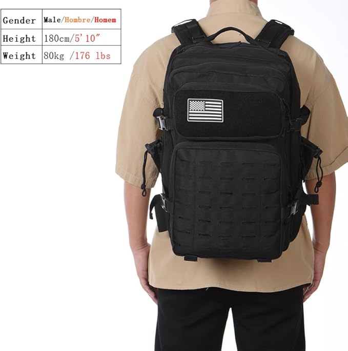 50L Tactical Military Backpack Waterproof Sturdy Bag for Hiking Camping Fishing Gym Backpack with Bottle Holder (ALL Black)