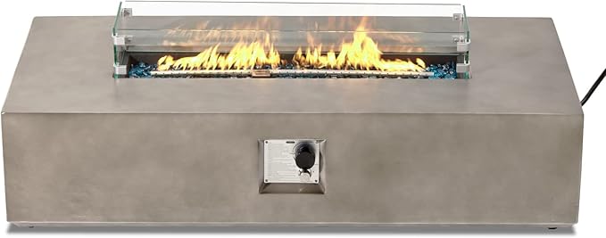 COSIEST Outdoor Propane Fire Pit Table 56-inch x 28-inch Rectangle Gray Concrete-Like Finish Certified 50000 BTU Stainless Steel Burner w Blue Fire Glass Wind Guard Raincover