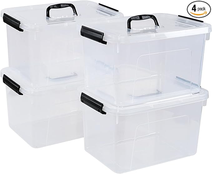 4-Pack 10 L Plastic Latching Storage Bin Clear Storage Box Bin with Handle