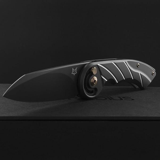 Fox Knives Radius Button Lock FX-550 TIB Folding Knife - 2.95in M390 Stainless Steel Blade Black PVD Finish - Black PVD Titanium Groove Handle With Leather Slip Pouch EDC Everyday Carry