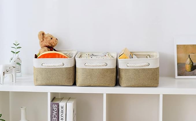 TheWarmHome Storage Basket for Organizing - 14x10x7 inch Medium 3 Pack Collapsible Storage Bin for Shelves with Handles Canves Storage Box for Organizer Cubes Cloth Gift Toy Closet (White &amp Khaki
