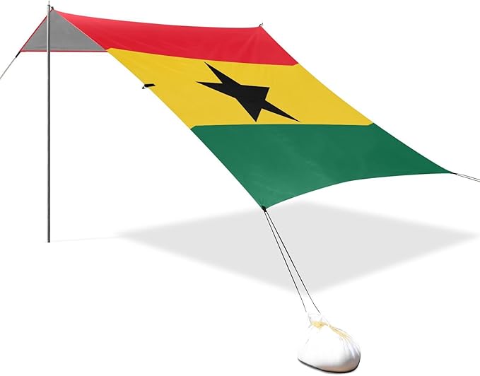 Ghana Flag Ghanaian National Foldable Beach Tent UPF50+ Protection Easy Setup Large Sun Shelter with Sandbags &amp Sand Shovel for Camping Trips Fishing Backyard Fun or Picnics