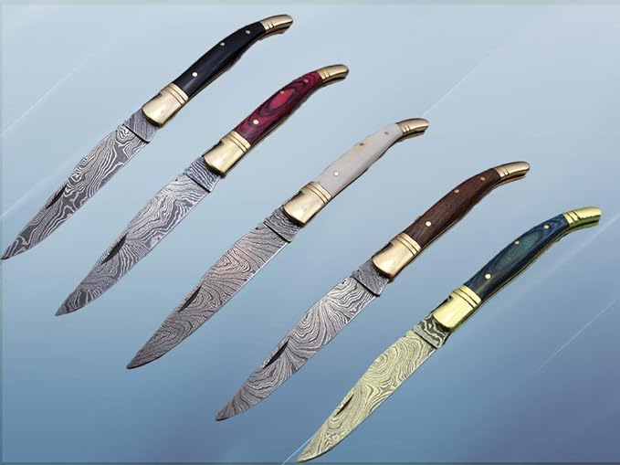 Damascus Depot Laguiole style Folding knife with real Damascus steel blade 8.5 Long with 4 hand forged twist patren Blade. wood Camel Bone and Bull horn scale with brass bolster. Cow hide leather