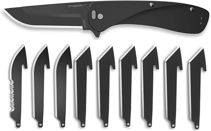 OUTDOOR EDGE RAZOR VX1 Black with 3 Black Drop Point Blades 1 Serrated Blade &amp 6 Tantos - Replaceable Blade EDC Folding Pocket Knife - 3 Stainless Blade Black Anodized Aluminum Handle