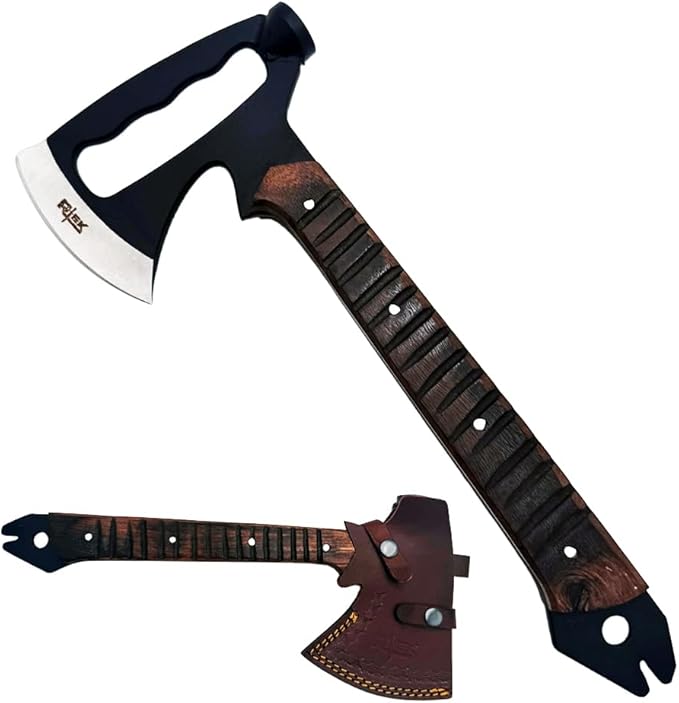 Rtek Tactical Axe &amp Hatchet with Leather Sheath – Full Tang Stainless Steel Wood Handle – Camping Survival Bushcraft Multi-Tool with Hammer Spike Nail Puller (12 14 19) (RT 1202-14 Inch)