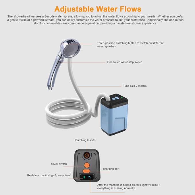 ACAGALA Portable Camping Shower Outdoor Electric Shower Pump Rechargeable Battery Powered Shower Waterproof Support 3 Water Modes for Camping Hiking Backpacking Travel Beach Pet Watering