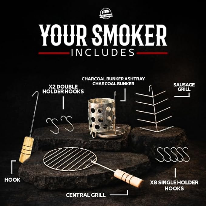 (30 Pound) 2-in-1 Smoker Barrel Vertical Grill - Premium 304 Stainless Steel - Barril Charcoal BBQ Thermometer &amp Ventilation - Cooking Accessories Meat Kit - Portable Outdoor Camping - QUE ASADOR