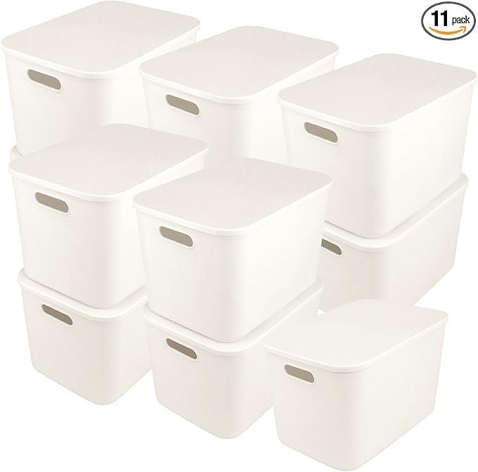 11 Pcs White Plastic Storage Bins with Handle and Lids 14 x 10.5 x 9.6 Inches Containers Box Stackable Storage Baskets for Playroom Classroom Office Shelves Desktop Drawers Organization