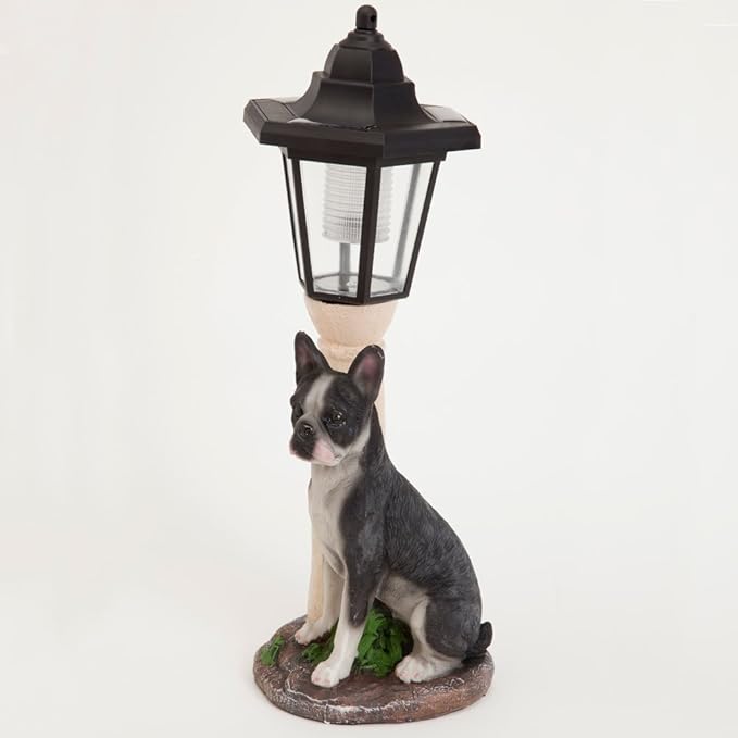 Bits and Pieces - Solar Dog Lantern-Solar Powered Garden Lantern - Resin Dog Sculpture with LED Light (Boston Terrier) - 13.5 Tall