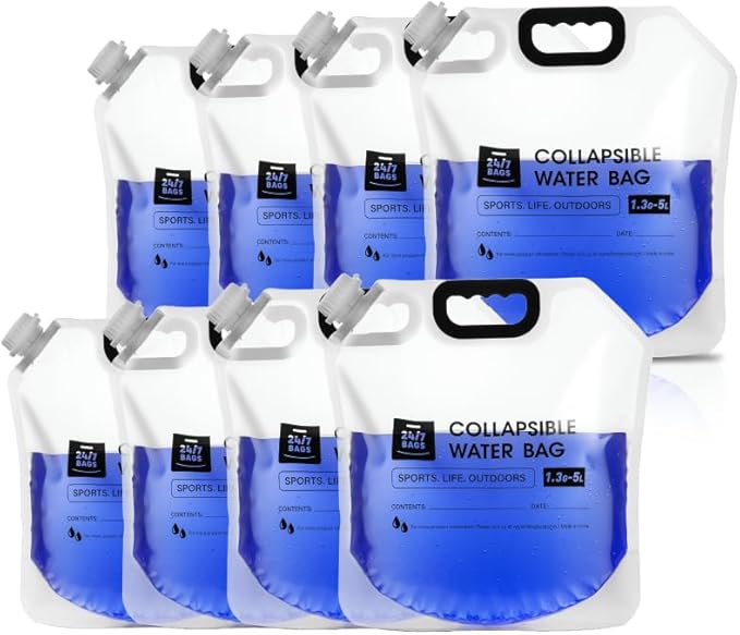 24/7 BAGS 8 Pack Collapsible Water Container Bag 1.3 Gallon/5 Liter Heavy Duty with Carry Handles Hikes Trips Weather Emergencies and More Foldable Water Bag