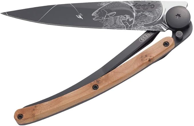 deejo - 37G Folding Pocket Knife with Belt Clip - Trout Design 3.7-Inch Stainless Steel Blade Black Titanium Finish Juniper Wood Handle - Lightweight Everyday Carry for Home Work and Outdoor Use
