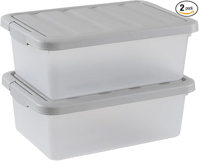 Wekioger Plastic Home Storage Bin with Grey Lid 14 Quart Frosted Clear Latching Bin 2 Packs
