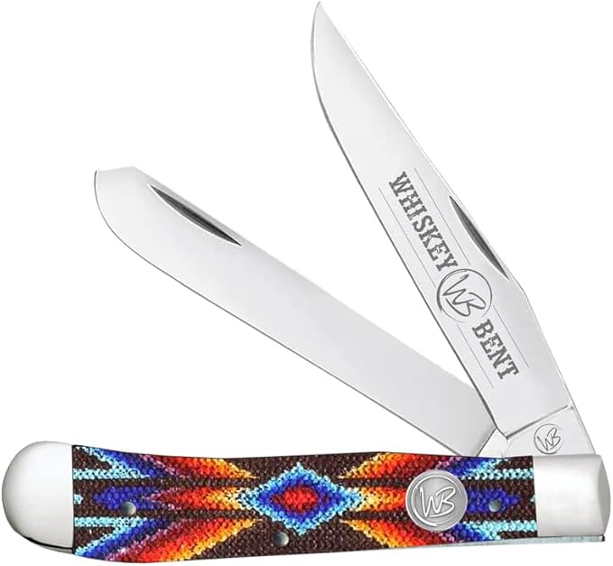 WHISKEY BENT HAT CO. Traditional Trapper Folding Pocket Knife 4.125 Closed Length 440C Stainless Steel Blades (Southwest Starburst)