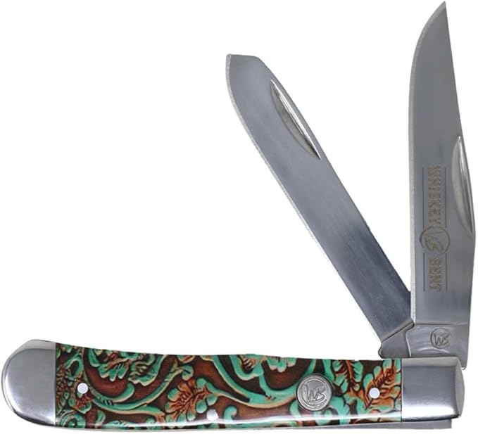 WHISKEY BENT HAT CO. Traditional Trapper Folding Pocket Knife 4.125 Closed Length 440C Stainless Steel Blades (Tooled Rancher)
