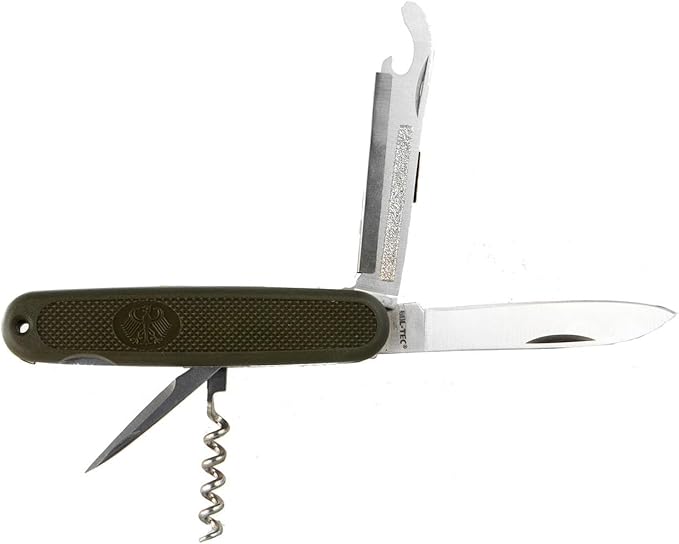 Mil-Tec German Army Style Compact Portable Heavy-Duty Olive Drab Multi-Tool Pocket Knife for Outdoor Enthusiasts Campers Hikers | Steel Fixed Blade | Cutting Slicing Carving | Everyday Carry