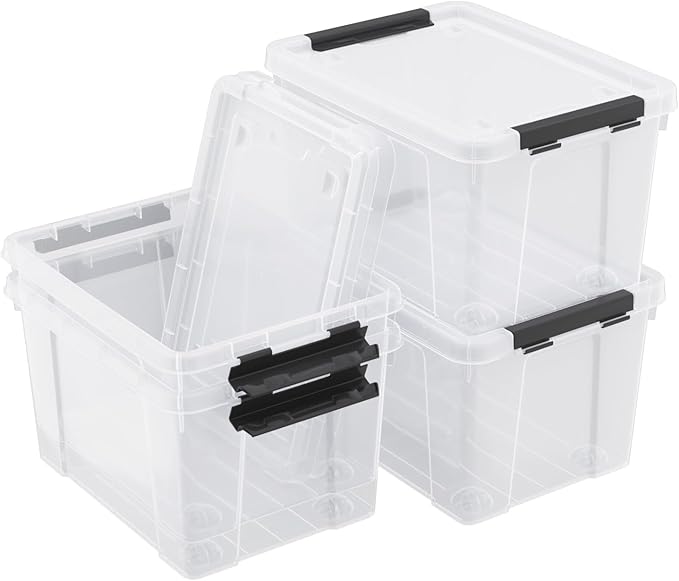 4 Pack 22 Quart Plastic Storage Box with Wheels Clear Storage Latch Box