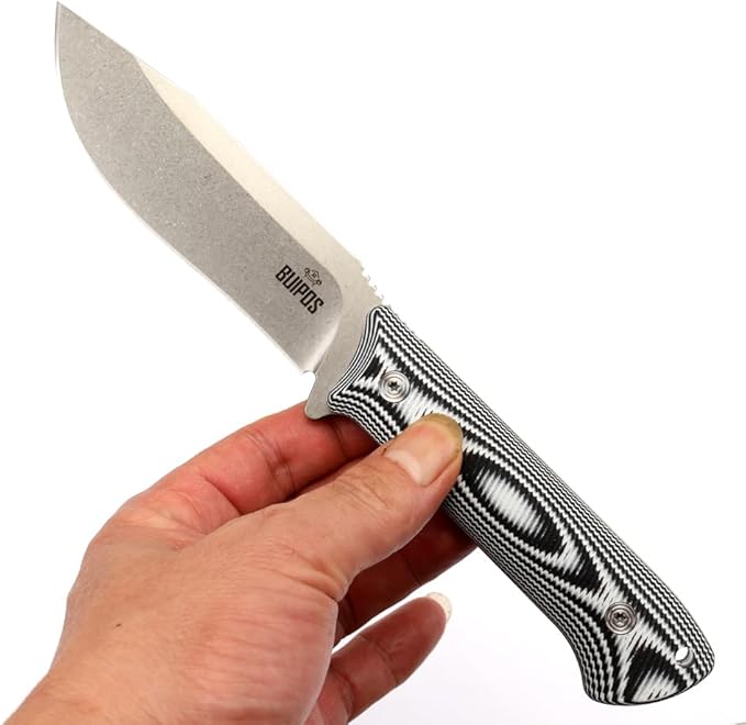 BUIPOS BD06 Fixed Blade Knife DC53 Stone Wash Steel Blade Two-color G10 Handle Full Edge Knife for Outdoor Camping Trekking Hunting Fishing (White Black) (Black handle and white blade)