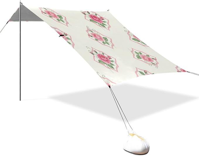 xigua Rose Beach Tent Sun Shelter with Carrying Bag - Silver Coated Oxford Fabric Beach Canopy for Beach Camping Fishing - Includes Windproof Ropes Sandbags &amp Stakes