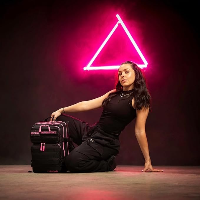 WOLFpak 25L Athletic Gym Backpack (Black Neon Pink) Durable 1000D Waterproof Oxford Material with MOLLE Webbing Laptop Pocket &amp Dual Cup Holders