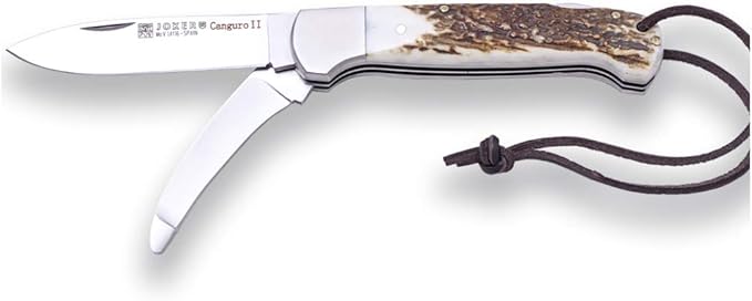 Joker Multifunction Hunting pocket folding Knife Canguro II 127 3.14 inches mova Stainless Steel Blade + Skinning Blade Olive Wood Handle or Stag Horn Fishing Tool Hunting Camping and Hiking (Sta