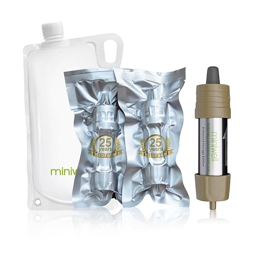 Miniwell L630 Portable Water Filter with Upgraded Vacuum Packaging - 25 Year Storage Long Lasting and Versatile Usage Options 2 Pack Filter and 1L Bottles