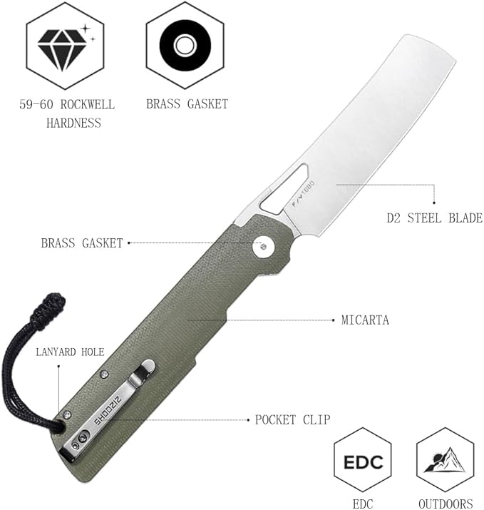 4.01 EDC Folding Knife Camping Chef Pocket Knife for Man Micarta Handle with Pocket Clip for Outdoor Cooking Fishing &amp Hiking. 59-60 HRC D2 Steel Satin Blade. XUN119A-GMS