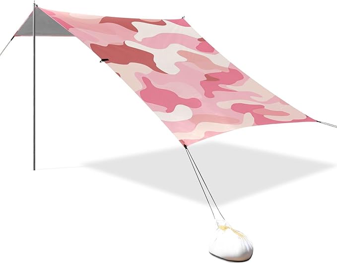 Rose Pink Foldable Beach Tent UPF50+ Protection Lightweight Portable Sun Shelter with Sandbags &amp Sand Shovel for Camping Picnics Backyard