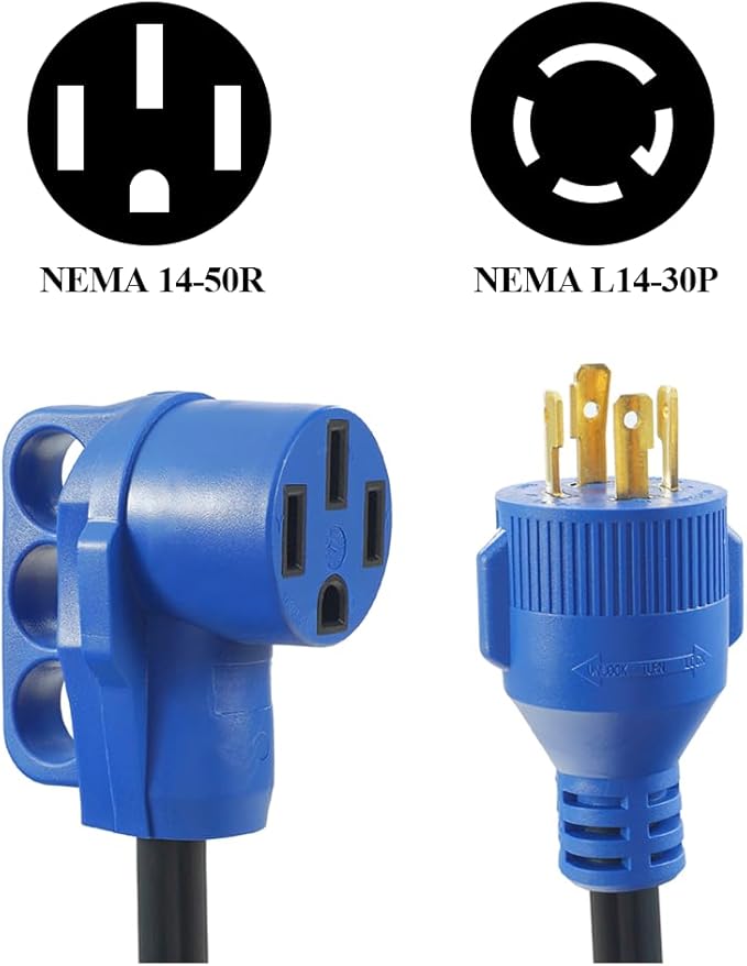 30 Amp to 50 Amp RV AdapterGenerator Plug 4 Prong 30 Amp Power to 50 Amp RVNEMA L14-30P to 14-50R RV Electrical Cord AdapterPlug Adapter Load Up to 30 Amp 250V 7500W 10/3 AWG 12 inch(4 Prong30M50F)