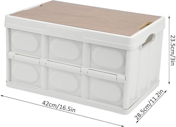 Alomejor 30L Storage Box Crate with Lid Folding Storage Box with Wooden Cover Panel for Home Outdoor(White)