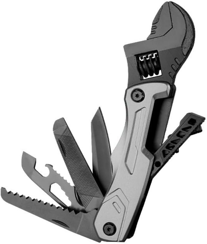 Multi-tool spanners adjustable spanners hammers knives steel files can openers hexagonal wrenches double-row saws for maintenance camping and Gifts (grey)