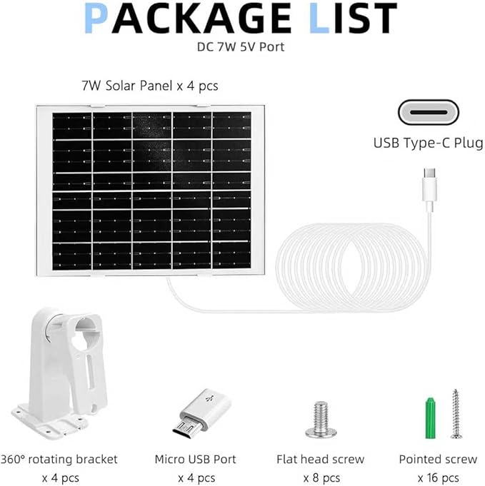 7W Solar Panel for Security Camera for DC 5V Outdoor Rechargeable Battery Camera 360° Adjustable Security Mount - 10FT Micro USB &amp USB-C Cable4 Pack