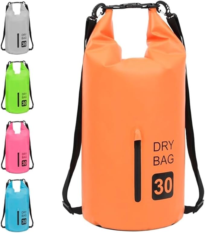 Pemberly Row Lightweight Durable PVC Dry Bag 7.9 gal Capacity Waterproof with Zipper Orange Finish Adjustable Shoulder Straps Foldable Design for Boating Surfing Outdoor Travel