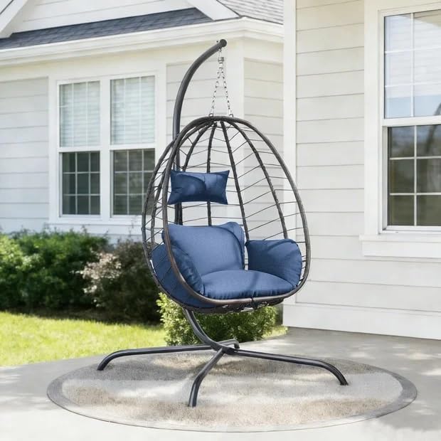 ALAULM Foldable Egg Chair with Stand 485LBS Capacity Wicker Rattan Hammock Swing Chair for Outdoor &amp Indoor Patio Hanging Chair with Strong Frame &amp UV Resistant Cushion for Balcony Bedroom