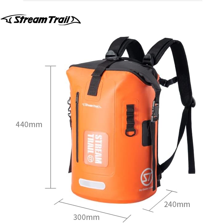 Stream Trail Waterproof Backpack 25L Heavy Duty Roll-Top Closure with Easy Access Front-Zippered Pocket and Cushioned Padded Back Panel for Comfort IPX6 Water Rsistance Dry Bag Orange