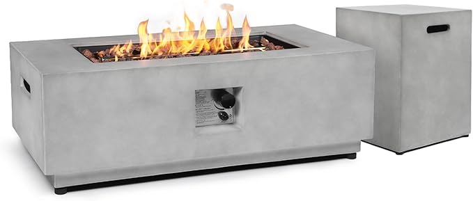 2-Piece Outdoor Propane Fire Pit Table Set w/Tank Cover Table 42inch 50000 BTU Rectangle Concrete Firepit SUS201 Burner with Steel Lid Lava Rocks Rain Cover