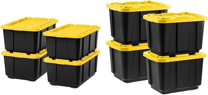 IRIS USA 12 Gallon (4 Pack) + 27 Gallon (4 Pack) Heavy Duty Storage Bins with Lids Snap On Lid Stackable Industrial Totes Rugged Tubs Garage Organization Reusable - Total 8 Units - Black/Yellow