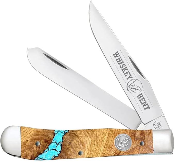 WHISKEY BENT HAT CO. Traditional Trapper Folding Pocket Knife 4.125 Closed Length 440C Stainless Steel Blades (Turquoise River)