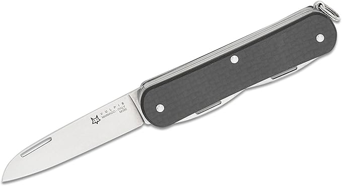 Fox Knives Vulpis FX-VP130-SF5 CF Slipjoint EDC Pocket Knife 5-in-1 Multitool - 2.17in Blade Hacksaw Bottle Opener Can Opener Scissors Flat Head Screwdriver - Every Day Carry (Carbon Fiber)