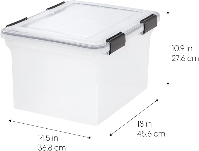 IRIS USA File Box WeatherPro Organizer Plastic for Letter/Legal Water Resistant Document Durable Lid Seal w/Secure Latching Buckles Stackable Nestable Clear 32 Qt. 1 Pack
