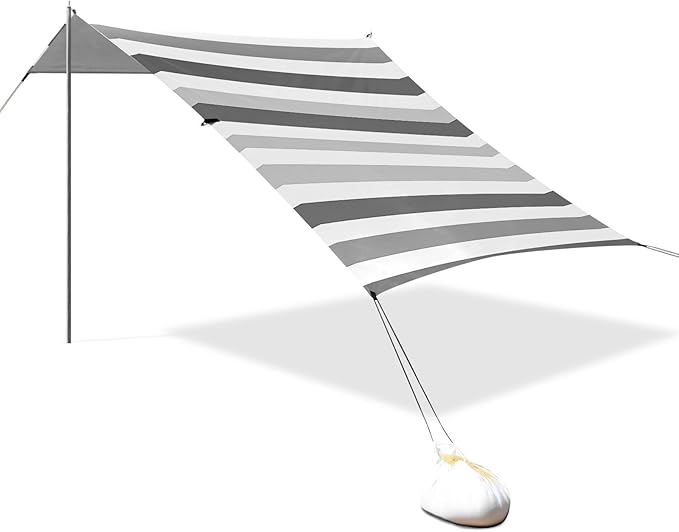 ALAZA Grey White Striped Beach Tent Sun Shelter Portable Canopy Sunshade for Outdoor Camping Picnics Backyard Fun 10x9 ft