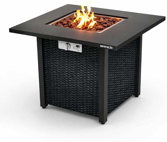 SereneLife 28 Inch Propane Gas Fire Pit Table 40000 BTU with Cover Stainless Steel Burner Adjustable Flame Weather-Resistant Design Easy Assembly for Patio or Backyard