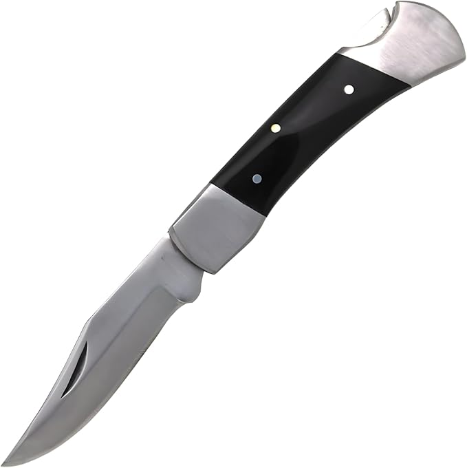 7 Handmade Folding Pocket Knife – 3 440 Stainless Steel Clip Point Blade – Silver Bolster – Genuine Leather Sheath Included (Black)